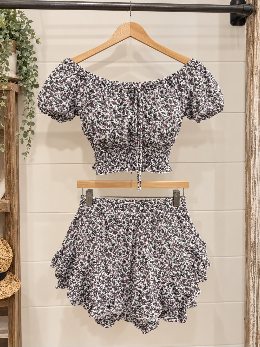 Floral Ruffled Mini Skirt in with Matching Crop Top White and Mauve
